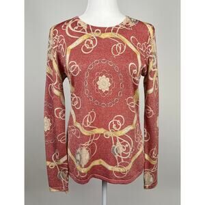 J. McLaughlin Red Gold Metallic Equestrian Print Top Size Medium